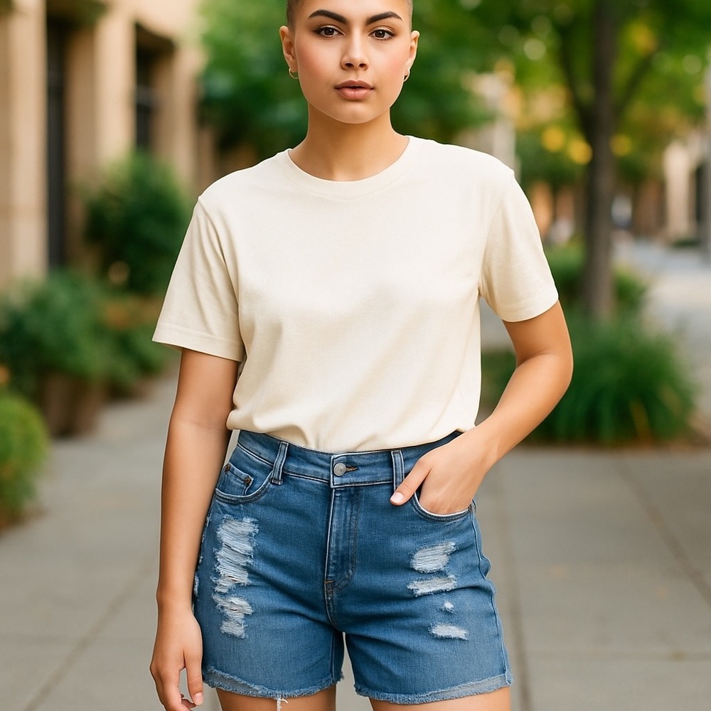 True Craft Denim‎ Shorts High-Rise Distressed Blue Wash Plus Size 18W